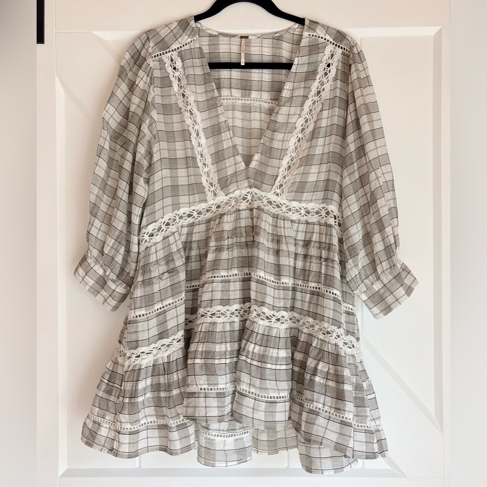Free People Plaid Lace Trim Boho Babydoll Tunic Top S White Gray Black
